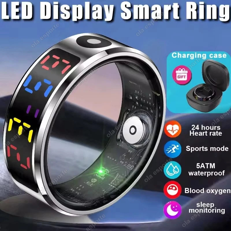 2025 R12 Smart Ring with Color Display Screen and Touch, Charging Box,Health Manager, 5 ATM Waterproof Smartring For Men Women