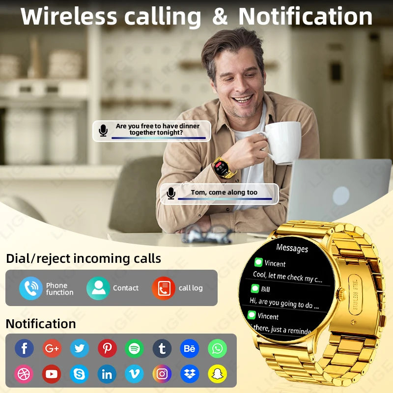 New Golden Luxury Steel Smart Watch Men 1.38inch HD Screen Smartwatch Women Sleep BT Call IP68 Waterproof Sports Watch Pedometer